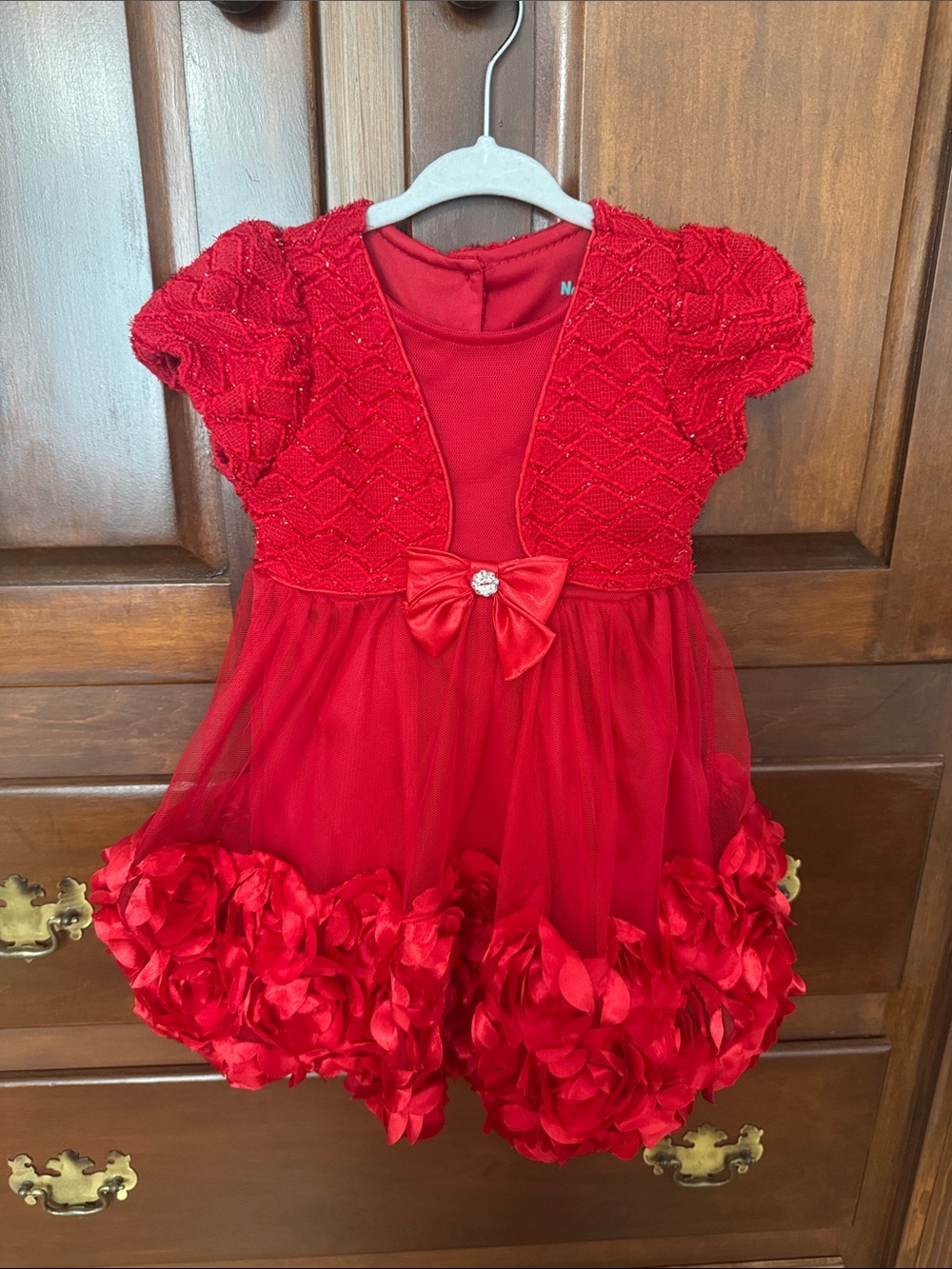 Elegant Red Floral Hem Party Dress for Girls with Bow Accent